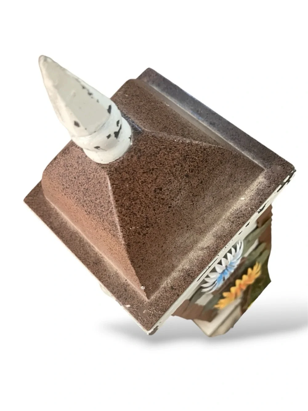 Decorative White and Brown Hollow Floral Birdhouse with Yellow and Blue Accents